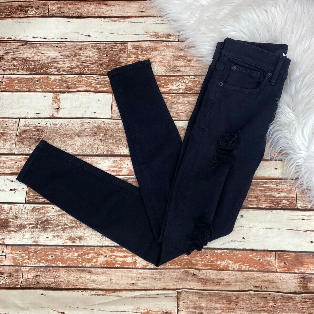 Express Women's Legging Mid Rise Skinny Jeans Sz 00 Black Distressed Stretch Zip